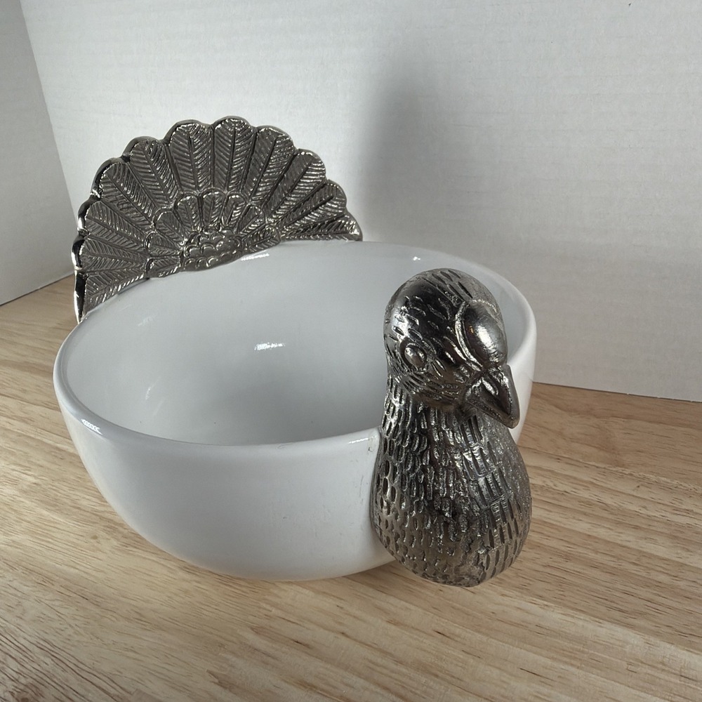 6.5" Turkey Serving Bowl Dish White Ceramic Pewter Thanksgiving Pier 1 Imports - Picture 3 of 8